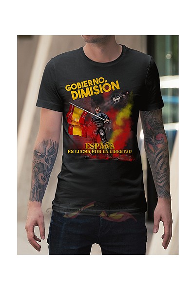 Camiseta 100% Algodón Color Negra "Gobierno Dimision" España en Lucha